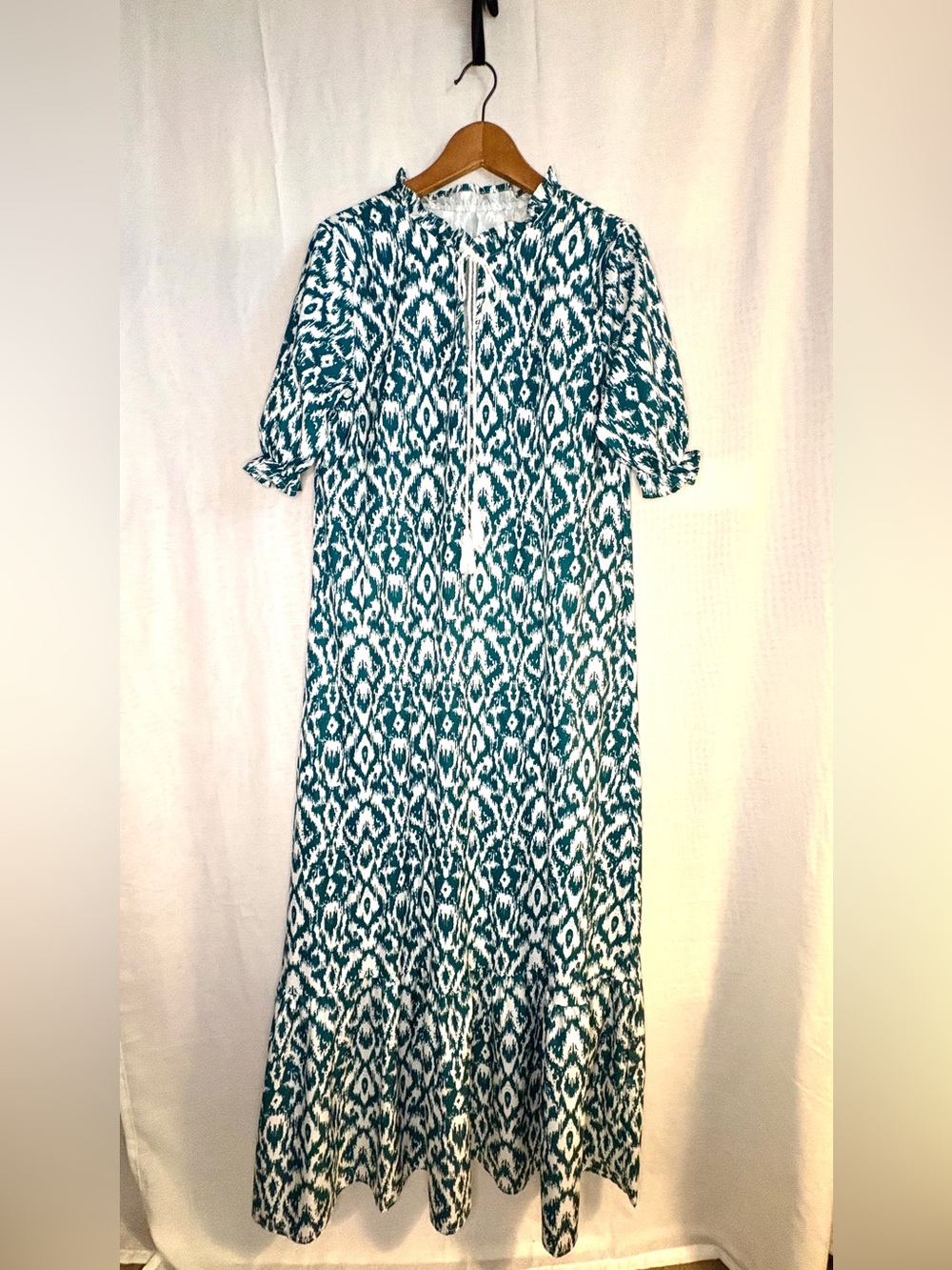 Teal Ikat Print Tassel Tie Ruffle Collar Puff Sleeve Tiered Maxi Dress L/XL